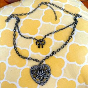 Dark Toned Silver Double Chain Heart & Ribbon Rhinestone Textured Chain Necklace